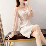 Pbong  Sweet Elegant Spring Autumn Dresses New Women's Bow Button Patchwork Korean Fashion Chic Long Sleeve Slim Mid-lengt A-line Dress