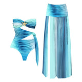 2Pcs Hollow Swimsuit With Long Skirt Women Sexy Swimwear Female Bikini Cut Out Biquini Swim Suit Shiny Star Bodysuit Beachwear