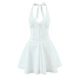 Pbong  Sexy Deep V Halter White Mini Dress Women Fashion Backless A-line Elegant Party Dresses Summer Robe Lace Up Vestidos