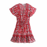 Pbong  Floral Boho Mini Dress Vintage Casual Summer Women Dress Flare Sleeve V-neck Button Front Ladies Chic Female Dress New