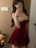 French Elegant Red Party Velvet Mini Dress Women Fashion Patchwork Princess Vestidos Female Spring Autumn Graduation Clothes