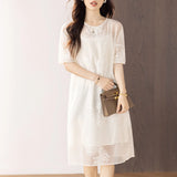 Pbong  Elegant White Lantern Sleeve Dress Women's Summer New Style Embroidery Heavy Work Long Dress Luxury Feel Straight Cut Skirt