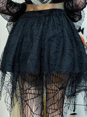 Goth Dark Spider Web Punk Mesh Tassel Mini Skirts Mall Gothic Grunge High Waist A-line Skirt For Women Eyelet Party Clothes