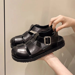 Pbong  Women's Sandals Roman Weave Hollow-Out Closed-Toe Sandals for Women Summer Outdoor Wear Flat Thick-Soled Buckle Sandals