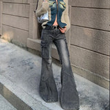 Fashion Streetwear Side Pockets Cargo Denim Pants Swxy Low Waist Punk Harajuku Women Trousers Y2k Aesthetic Flare Long Bottoms