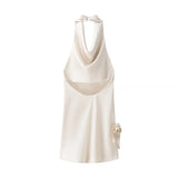 3D Flower Satin Halter-neck Short Dress 2025 New Fashion Beige Slim Sleeveless Dresses Backless Summer Party Dress For Women