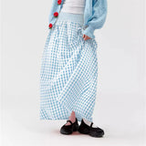 Women Y2K Bow Plaid Maxi Skirt High Waist Gingham Tiered Long Skirt Vintage A-Line Ruffle Flowy Midi Skirt Party Clubwear