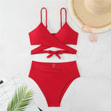 High Waist Bikinis Cross Strappy Swimsuit Women Solid Sexy Red Swimwear Female Bathers Bathing Swimming Swim Suit Beachwear