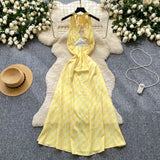Chic Sexy V-neck Plaid halter Ruched Fairy A-line loose Summer  Women Boho Sundress  women clothing