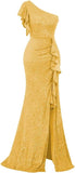 Pbong  Sequin Ruffle Formal Dresses One Shoulder Mermaid Evening Gown Sparkly Long Maxi Dress with Slit