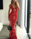 Fashion Sequined Slip Long Dress Women Sleeveless Deep V-neck Backless Slim Maxi Dress 2025 Summer Chic Party Birthday Dresses