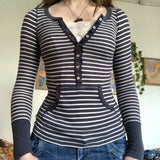 Y2K Grunge Emo 00s Vintage T Shirt Black Grey Striped V Neck Long Sleeve Jumper Tops Chic Women Autumn Retro Mall Goth Tees
