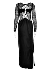 Patchwork Sexy See Through Lace Women Maxi Dress Hollow Out High Slit Evening Dress Female Skinny Elegant Party Clubwear