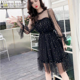 New Arrivals Summer Women Lace Dress Sequined Appliques A-line Mesh Patchwork Solid Dress Fairy Long Sleeves Knee-length Dress