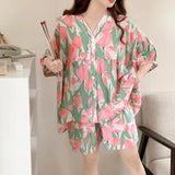 Pbong  Loose Floral Printing Pajama Set Summer New Women Night Wear Pj Set Half Sleeve Knee V-neck Sleepwear Femme Nightie
