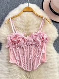 Pbong  Sexy ort Sexy Vest Women's Summer Faion Slimming Waist Belted Fibone Strapl Crop Top with 3D Flower Embroidery Breat...