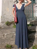Chic Fashion Lace Polka Dot Long Dress V-neck Sexy Women Dress Navy Blue Vintege Elegant Dresses 2025 New Woman Clothing