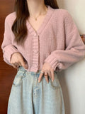 Sexy Cropped Sweet Cardigan Women V Neck Vintage Slim Long Sleeve Knitted Sweaters Korean Causal Simple Solid Lady Fall Tops New