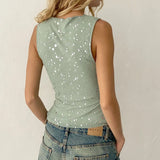 Silver Foil Print Tank Tops Summer Sleeveless Bodycon Shirt Vest Ladies O Neck Slim Fit Crop Tops Women Casual Going Out Clothes