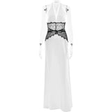 2025 Summer Backless Sexy Maxi Dress Women White Black Gown Lace Patchwork Halter Deep V Neck Sleeveless Party Club Long Dresses