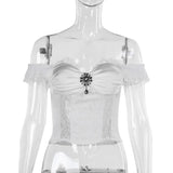 Gothic Bride Off-Shoulder Strap Cropped Top for Women Vintage Style Elegant Spicy Girls Versatile T-Shirt.