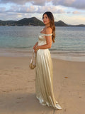 Elegant Stain Off Shoulder Long Dresses Women Retro Solid Waist-cinching Large Hem Evening Dress Lady Chic Party Beach Holiday