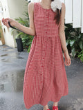 Pbong  Sweet Red Plaid Long Dress Women Elegant Casual Sleeveless Korean Dress Vintage Female Preppy Style Loose A Line Vestidos