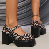 Pbong  Leopard Chunky High Heels Pumps for Women Fashion Buckle Strap Platform Mary Jane Shoes Woman Gothic Thick Heel Party Shoes