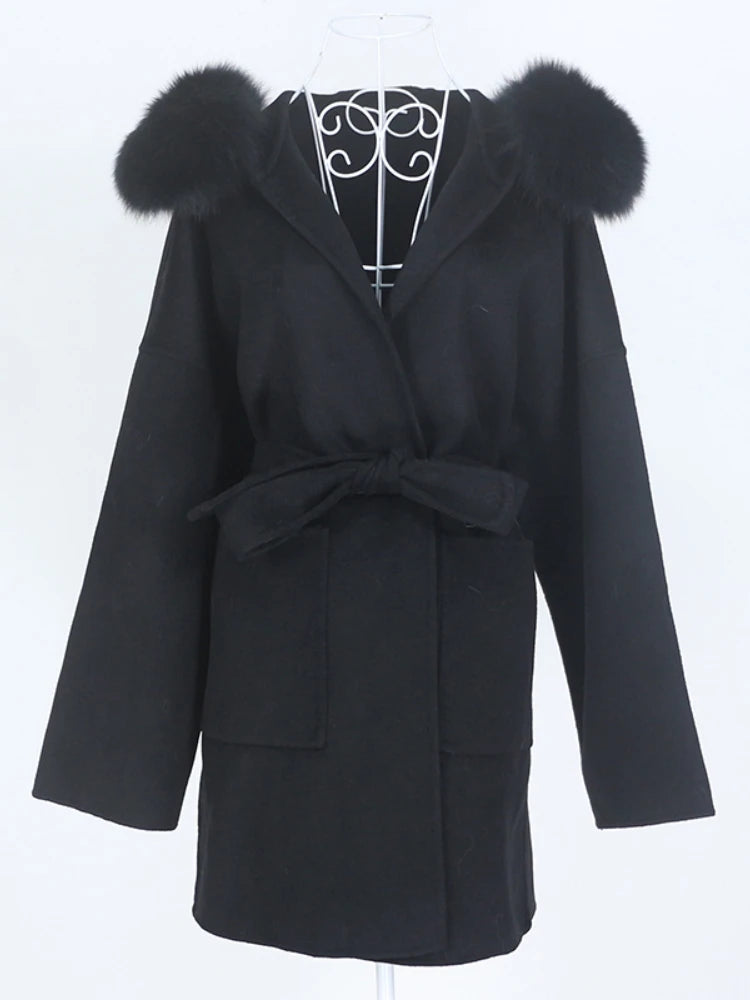 New Oversize Loose Cashmere Wool Blends Real Fur Coat Winter Jacket Women Natural Fox Fur Collar Hood Outerwear Belt
