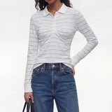 American Simple All Match Turn Down Collar Long Sleeve T Shirts Y2k Constrast Color Striped Pleated Clothes Harajuku French Tops