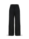 American Retro Casual Straight Leg Track Pants Women Side Contrast Patchwork Elastic Waist Hippie Jogging Trousers