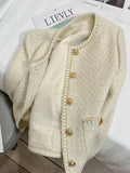 French Sweet Tweed Jacket Women O Neck Elegant Slim Long Sleeve Coat Vintage Casual Single Breasted Female Fall Winter Tops