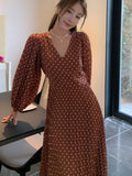 Woman Vintage Polka Dot Long Dresses Elegant V-Neck Slim Lantern Sleeve Dress Holiday Prom Evening Female Clothing Outfits New
