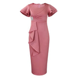 Pbong  Elegant Pure Color African Style Wrap Dress New Fashionable Transoceanic Dress with Lace Trim Elegant African Dress