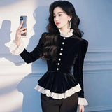 Women's Black Velvet Shirt 2025 Spring Autumn Be All-match High-grade Ladies Blouse Long Sleeve Comfortable Slim Lady Tops