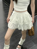 Pbong  Cute Bow White Skirts Women Sweet High Waist Lace Patchwork Mini Skirt Korean Fashion Preppy Style Lady Elegant Cake Skirts