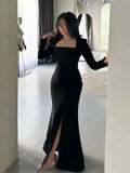 Saudi Arabic Mermaid Prom Dresses 2025 Women's Black Square Collar PartyDress Evening Gown Sexy Slit Formal Gown