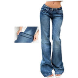 Pbong  Y2K Vintage Flare Jeans for Women Sexy Low Rise Slim Fit Stretch Washed Denim Pants Harajuku Streetwear Wide Leg Jean Trousers