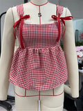 Y2k Red Gingham Tank Top Sleeveless Women Bow Tie Down Plaid Camisole Ruffle Hem Peplum Tops Summer Streetwear