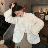 Women Sweet Cute Faux Lamb Coat Winter Warm Thick Slim Long Sleeve Vintage Jacket Korean O Neck Elegant Pearls Buttons Tops New