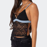 Sheer Lace Open Back Tank Top Contrast Color Backless Tie Up Camis Summer Sleeveless Shirt Fairy Coquette Spaghetti Strap Vest