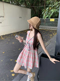 Pbong  Women's Plaid Sleeveless Mini Dress V Neck Drawstring Waist Casual Summer Beach Dress