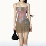 Summer French Harajuku Sling Short Dress Y2k Aesthetic All Match Bow Print Women Cloth French Slim Mesh Zip Up Dresses