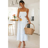 Summer New Women's Patchwork Striped Fashion Long Dress Square Collar Loose A-line Lace Up Vacation Beach Women Dresses