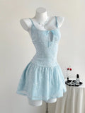 Pbong  Elamini Sweet French Bow Collar Embroidered Floral Decor Holiday Dress, Waist Gathered Ballerina Style Spaghetti Strap Dress