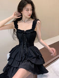 Sexy Slip Lolita Style Black Dress Women Vintage Sleeveless Y2K Mini Dress Summer Slim Sweet Korean Lace Up Cake Dress New