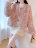 Pink Sweet Faux Lamb Coat Women Winter Warm Long Sleeve Chic Short Coat Korean Elegant Female O Neck Cute Thick Outwear New