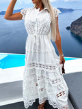 Hollow Out White Dress Women Summer Short Sleeve Lace Up Dress Ladies Elegant Fashion Lace Splicing Boho Holiday Long Dresses