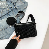 Pbong  Sparkling Rhinestone Camera Crossbody Bag with Detachable Coin Purse, Wide Strap Zipper Pockets, Shiny Shoulder Purse for Women