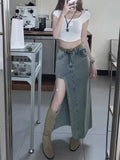 Pbong  High Waist Denim Mini Skirt Women's Slimming A- Line Long Skirt Side Slit Vintage Artistic Elegant Cotton Polyester Blend